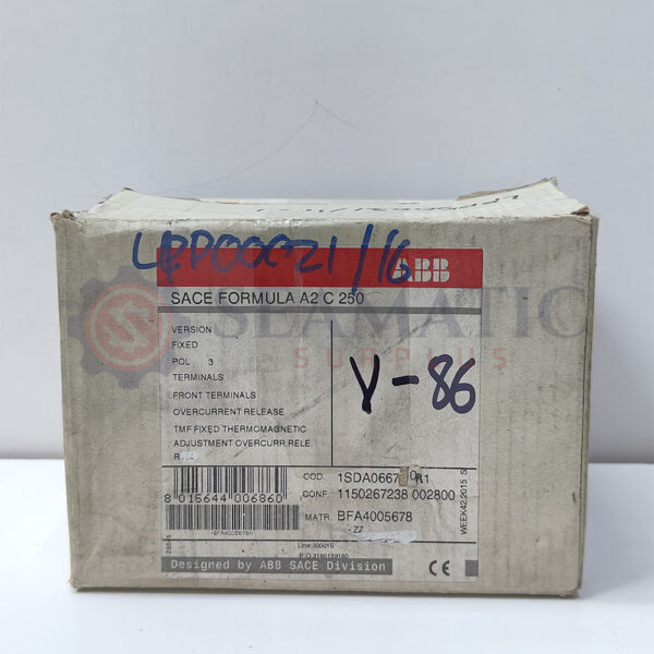 ABB MCCB 3POLE 250A, SACE FORMULA A2C 250, Ui=690v, Uimp=6Kv, Ue=550VAC