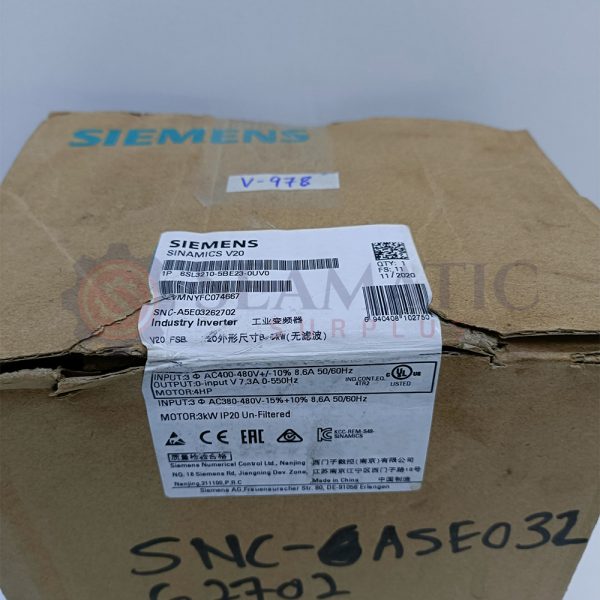 New Siemens 6SL3210-5BE23-0UV0 Inverter Drive, 3 kW, 3 Ph, 400 Vac, 7.3A